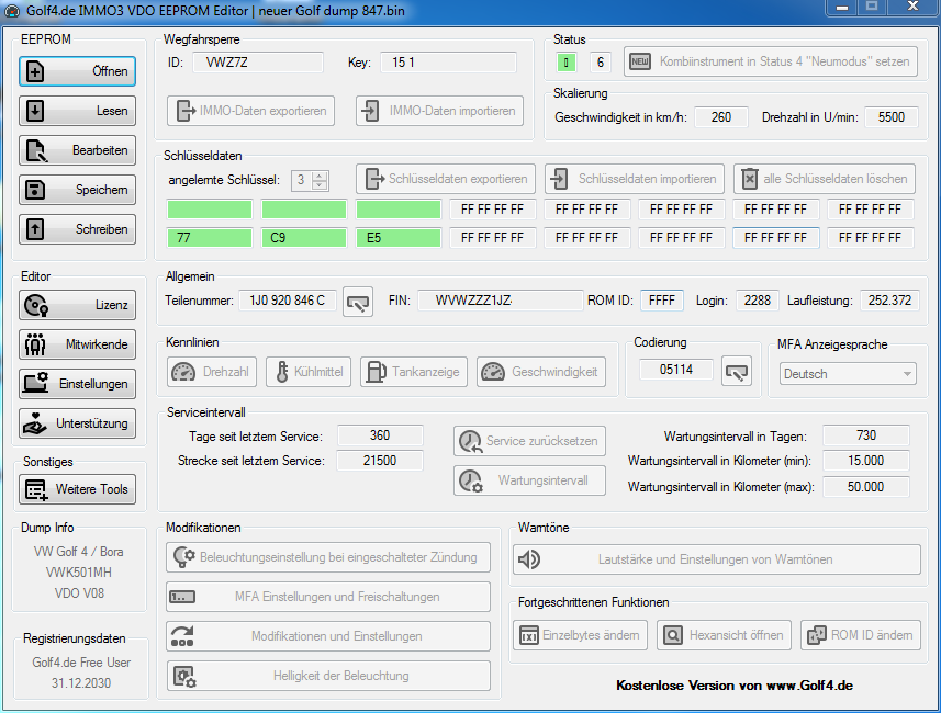Ansicht des kopierten Dumps in IMMO3 VDO EEPROM Editor